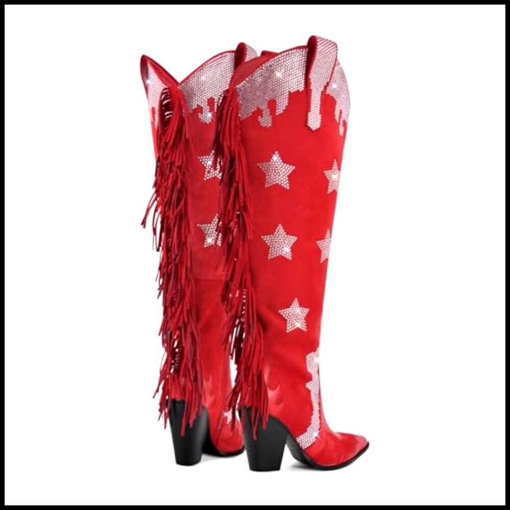 Fringe Thigh High Over The Knee Cowboy Boots Rhinestone Star Embellished - Picture 5 of 7